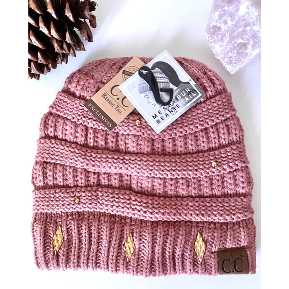 New Adult Size CC Pink Cable Knit Beanie Tail Ponytail Hat w/ Gold Details - Picture 4 of 6